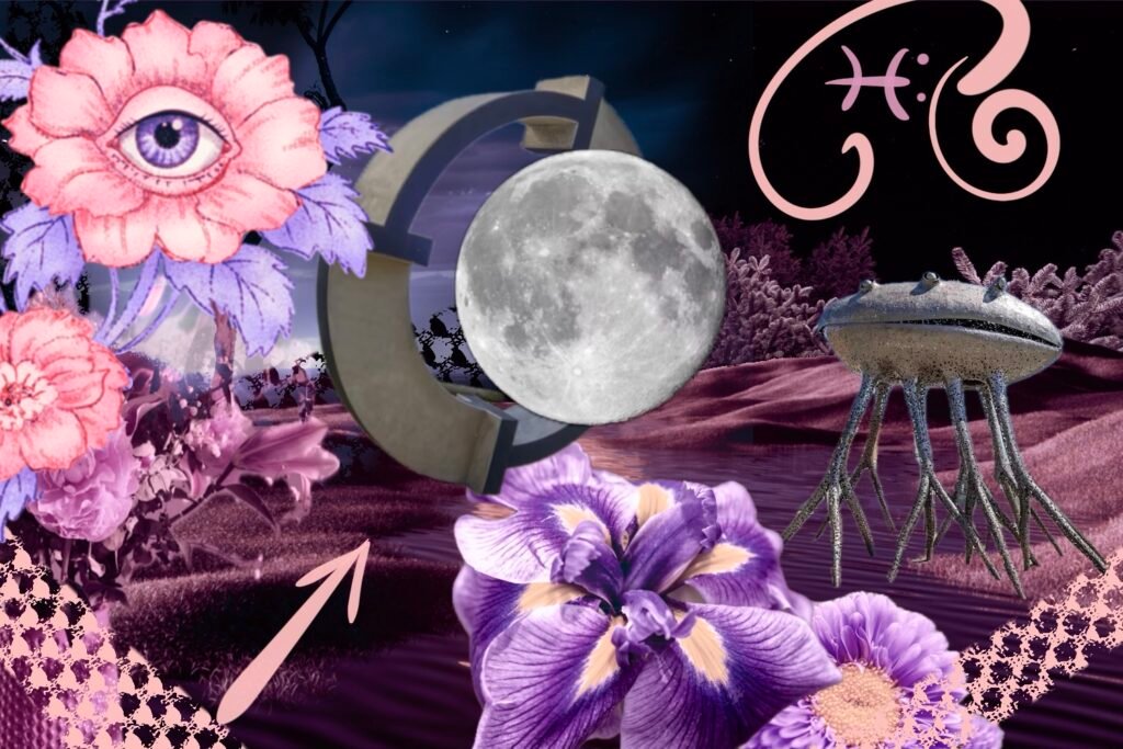 Surreal collage of the full moon in a mysterious landscape with blooming flowers that symbolize awakening.